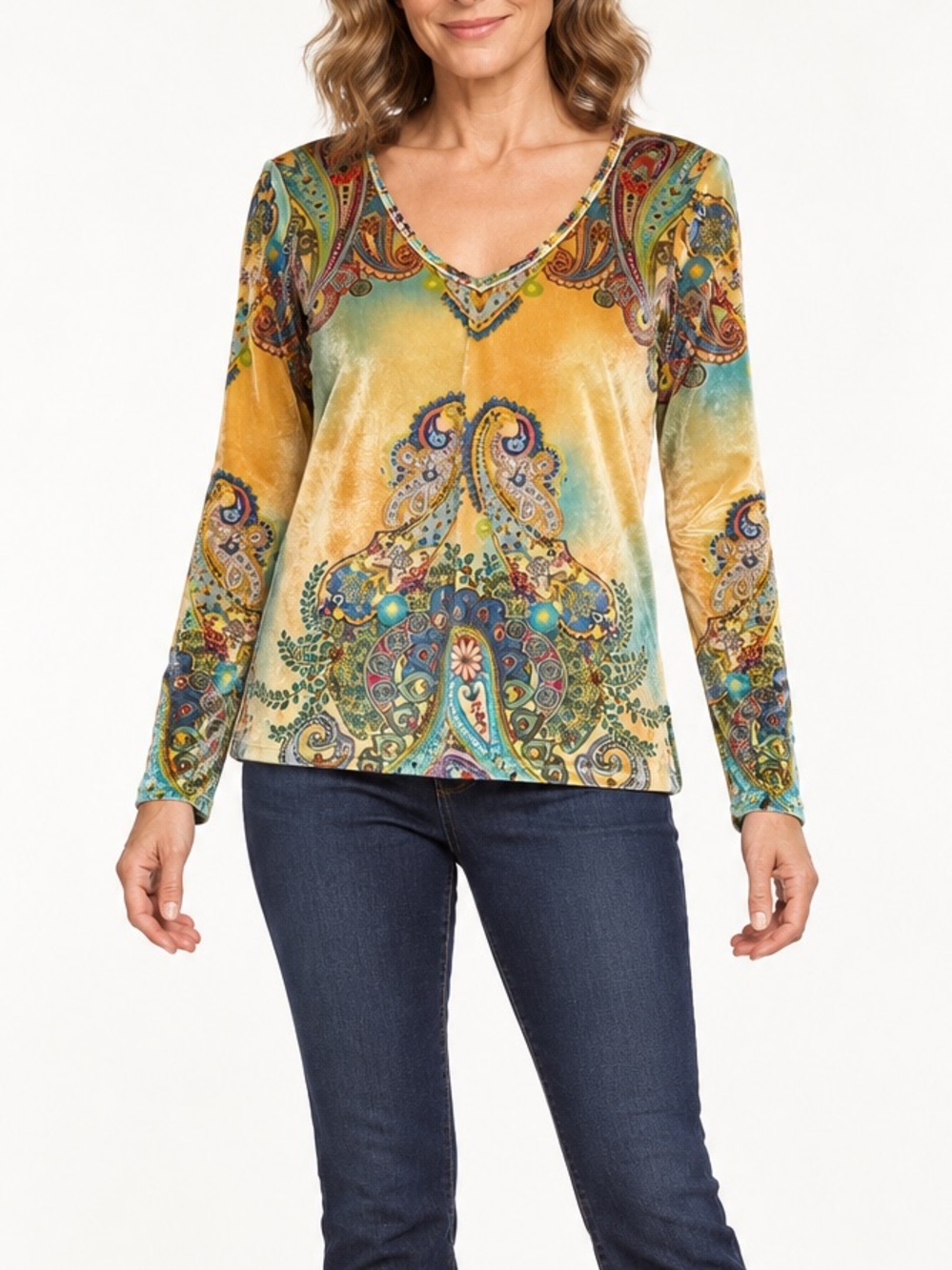 The Pyramid Collection Velvet Printed Top Women's M Boho Chic Multicolor